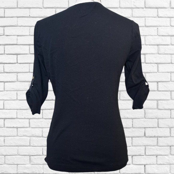 Lauren Ralph Lauren Black Cotton Henley Roll Tab Sleeve Top Gold Buttons Medium - Picture 3 of 6